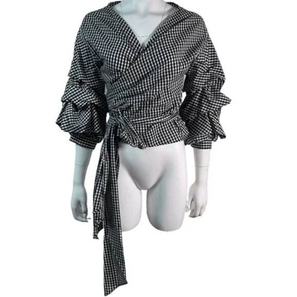 NWT Black and white wrap ruffled tie Top S $90 - Picture 9 of 10